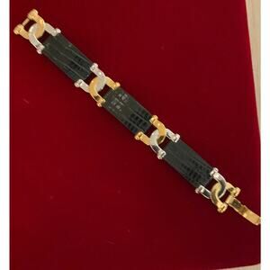 Vintage Burberry Black Leather Silver and Gold Link Bracelet